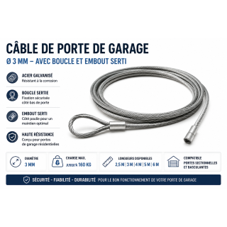 Câble acier 3 mm longueur 3,00m pour porte de garage