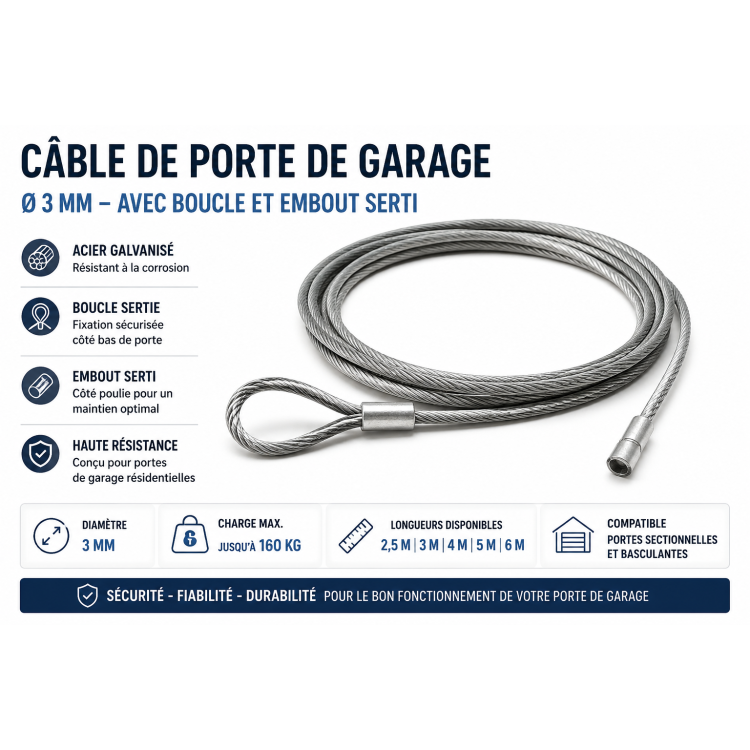 Câble acier 3 mm longueur 3,00m pour porte de garage